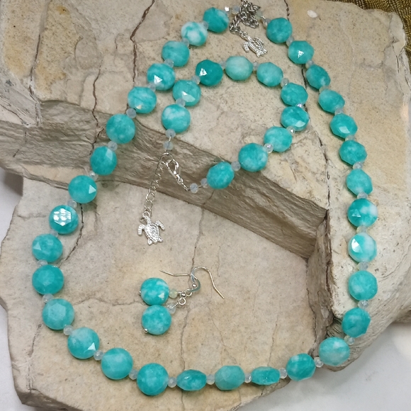Blue Jade And Opal Beaded Necklace Bracelet and Earring Set